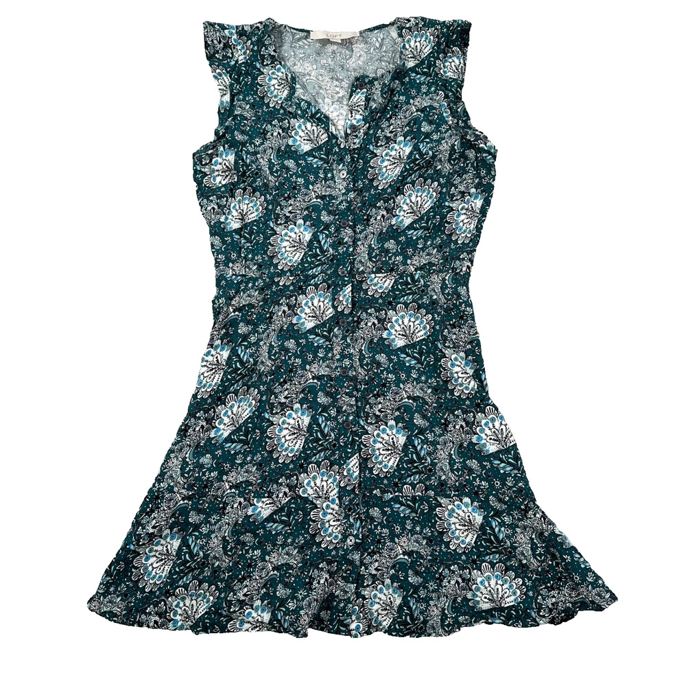 LOFT Women's Petite 0 Floral Button Down Flutter Sleeve Dress Green Mini